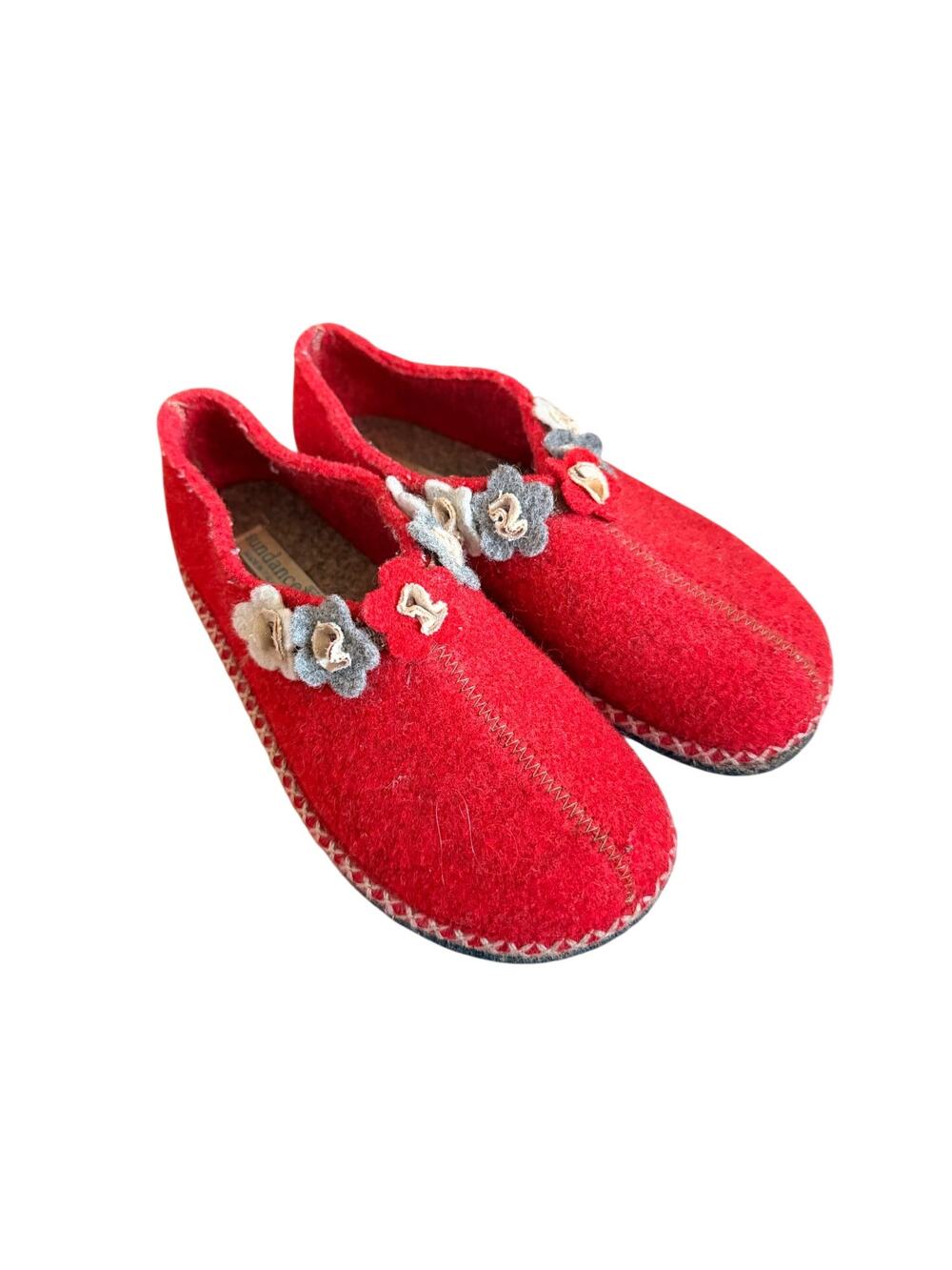Sundance Red Wool Slippers Felted Flowers SZ 7 Handmade in Itally Boho Lagenlook